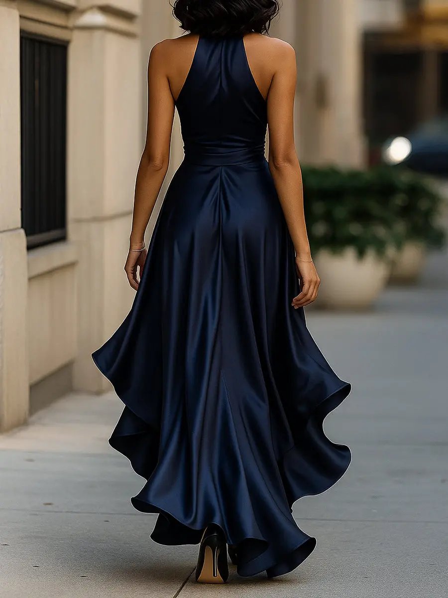 Satin-Finish Halterneck Maxi Dress with Tie Waist