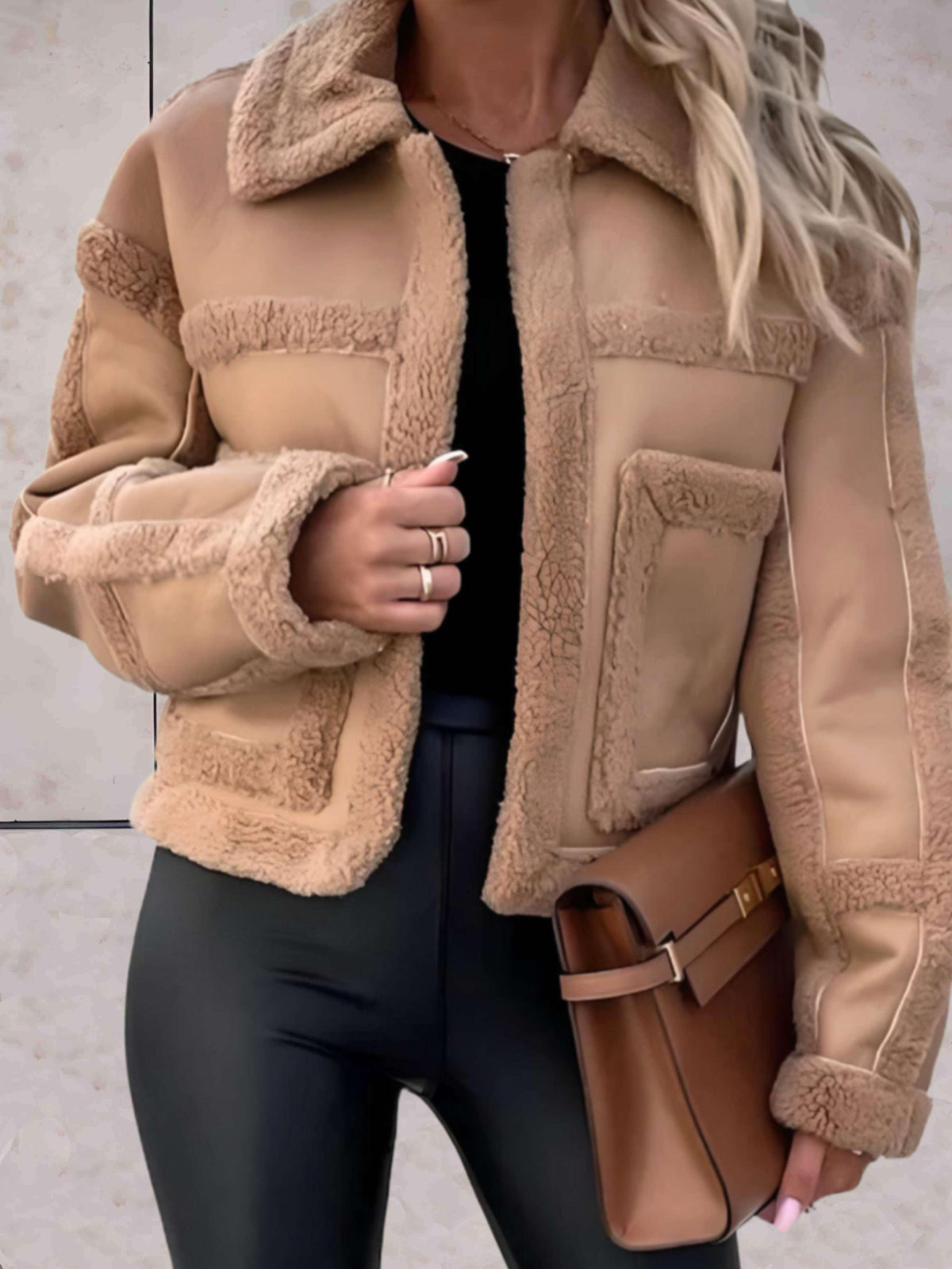 Women's Faux Shearling Aviator Jacket with Notch Collar