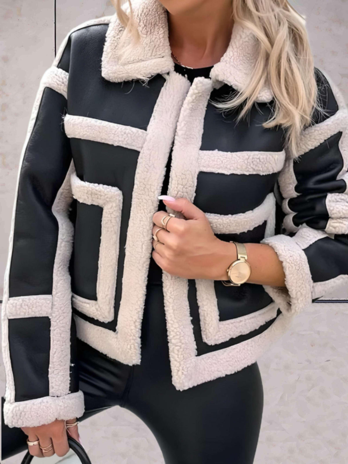 Women's Faux Shearling Aviator Jacket with Notch Collar Image