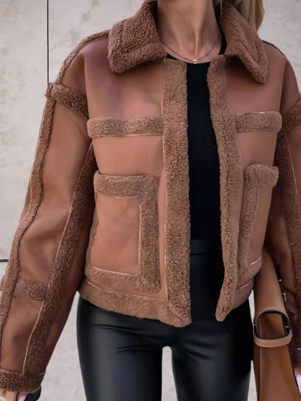 Women's Faux Shearling Aviator Jacket with Notch Collar