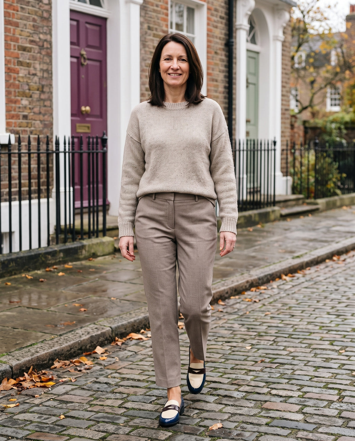 Woman wearing the lightweight comfort loafers on an English residential street