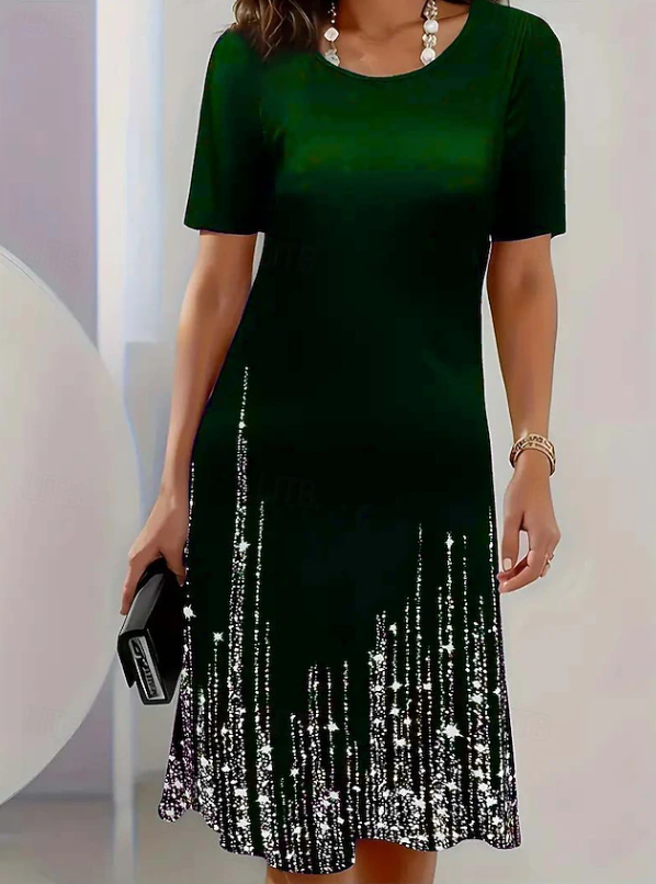 Sparkle Hem Midi Dress, Short Sleeve Evening Dress, Green Image