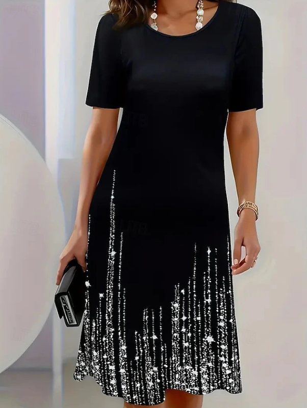 Sparkle Hem Midi Dress, Short Sleeve Evening Dress, Black