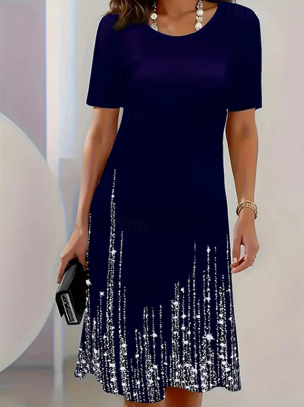 Sparkle Hem Midi Dress, Short Sleeve Evening Dress, Navy Blue