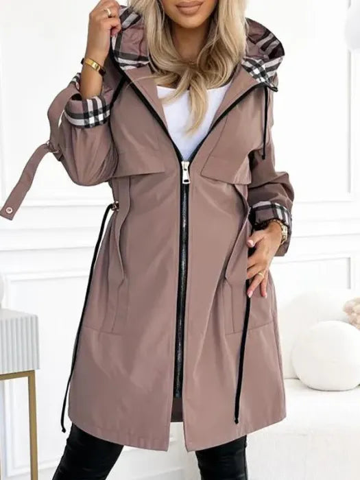 Waterproof Hooded Zip Coat with Check Lining, Brown