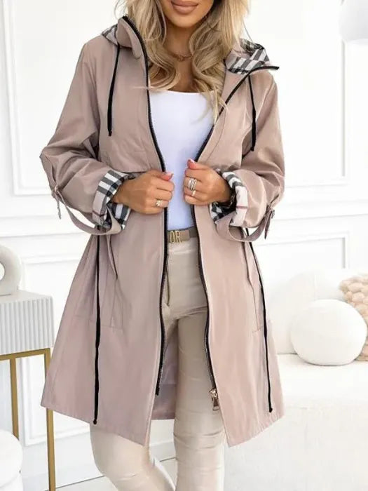 Waterproof Hooded Zip Coat with Check Lining, Beige Image