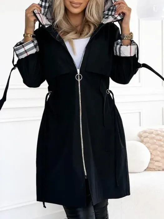 Waterproof Hooded Zip Coat with Check Lining, Black