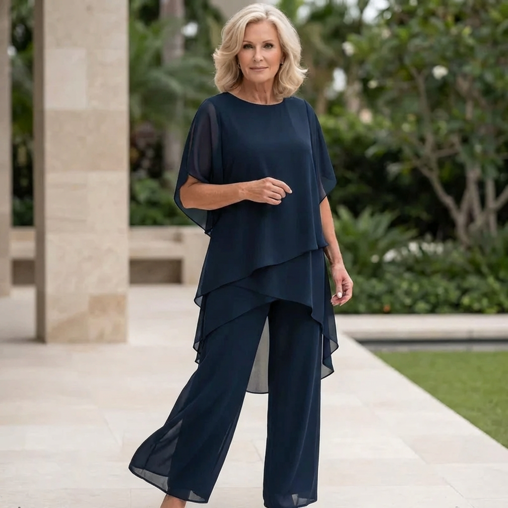 Wedding Guest Trouser Set, Layered Chiffon-Style Top, Blue