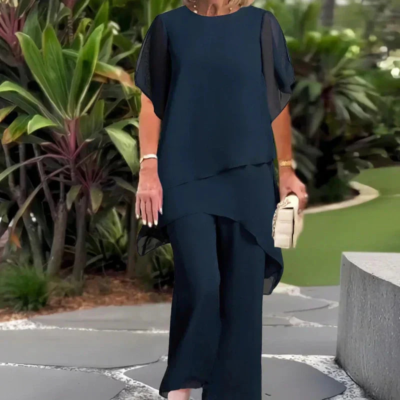Wedding Guest Trouser Set, Layered Chiffon-Style Top