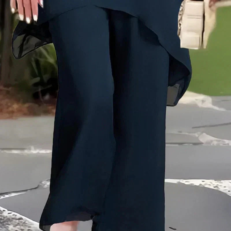 Wedding Guest Trouser Set, Layered Chiffon-Style Top