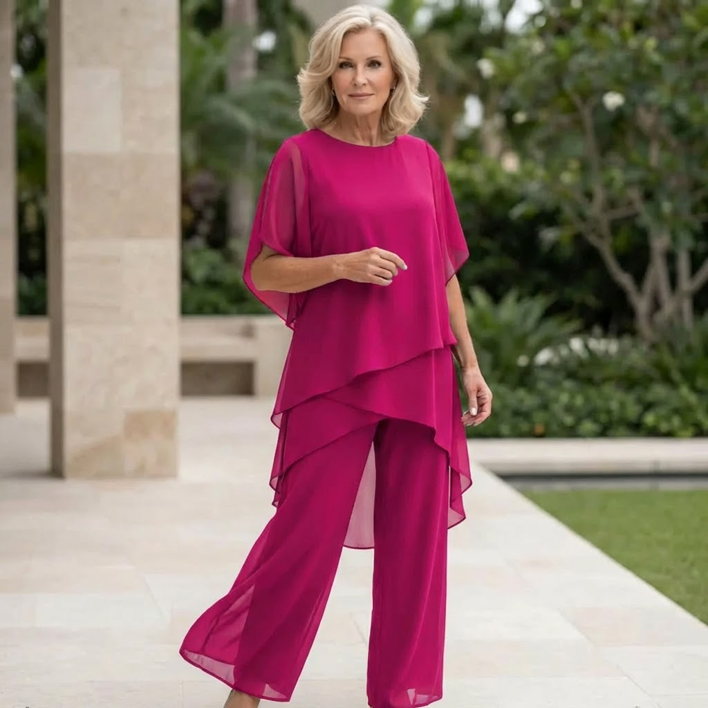 Wedding Guest Trouser Set, Layered Chiffon-Style Top, Purple