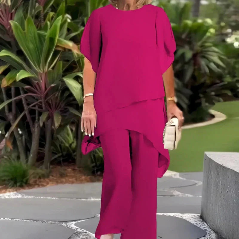 Wedding Guest Trouser Set, Layered Chiffon-Style Top
