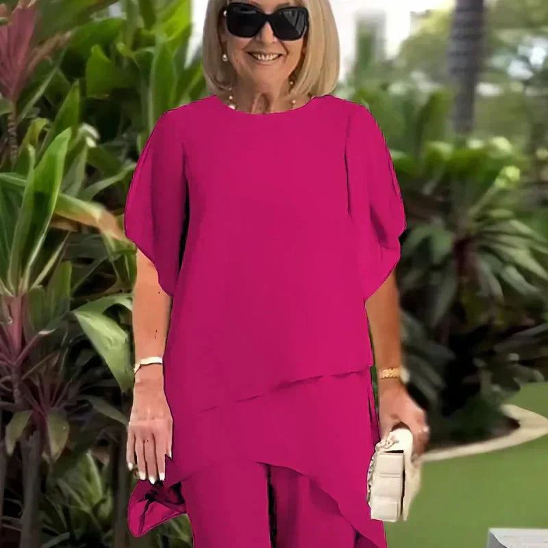 Wedding Guest Trouser Set, Layered Chiffon-Style Top