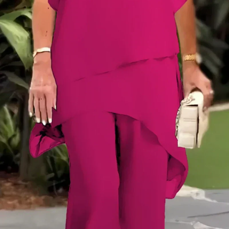 Wedding Guest Trouser Set, Layered Chiffon-Style Top