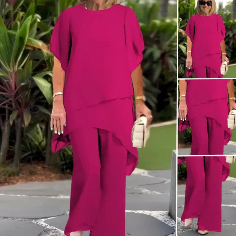 Wedding Guest Trouser Set, Layered Chiffon-Style Top