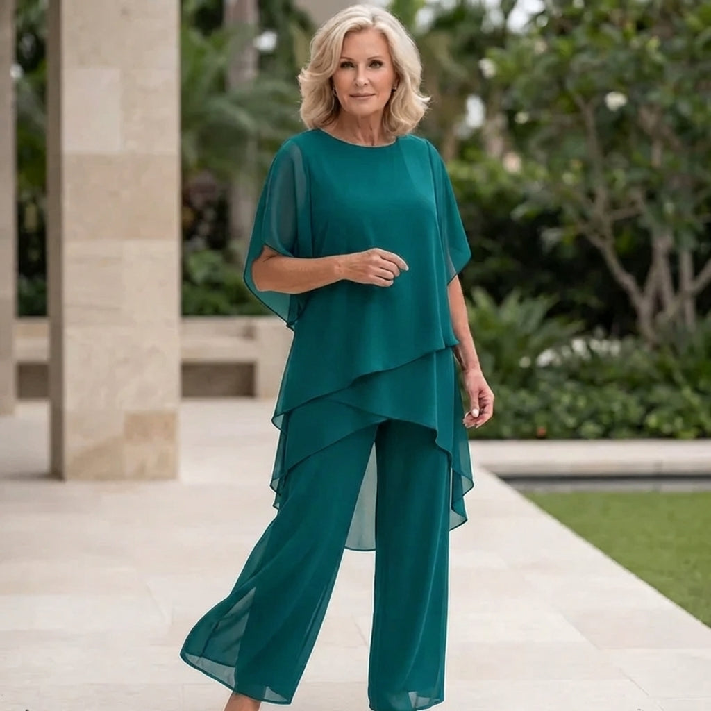 Wedding Guest Trouser Set, Layered Chiffon-Style Top, Turquoise