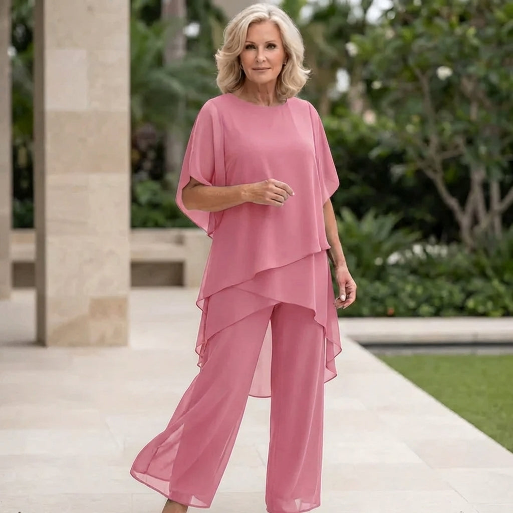 Wedding Guest Trouser Set, Layered Chiffon-Style Top, Pink