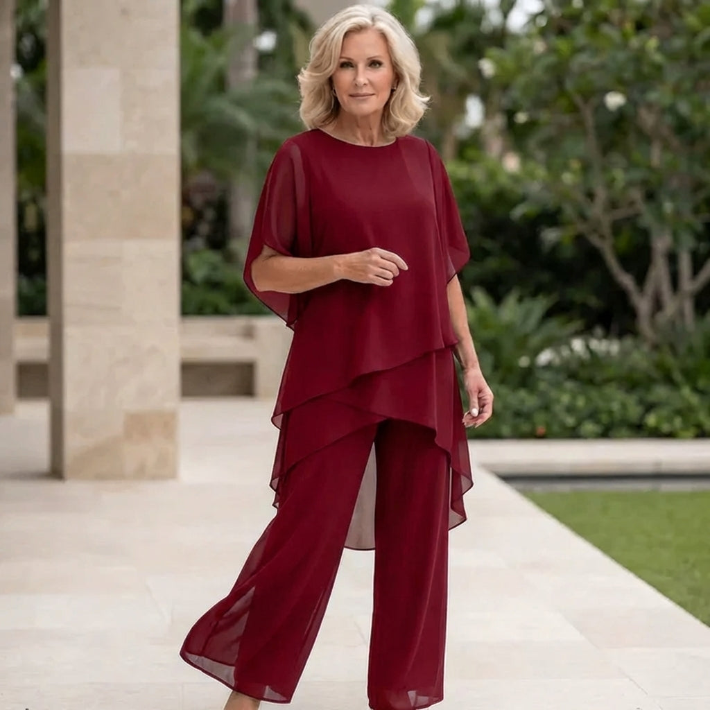 Wedding Guest Trouser Set, Layered Chiffon-Style Top, Red