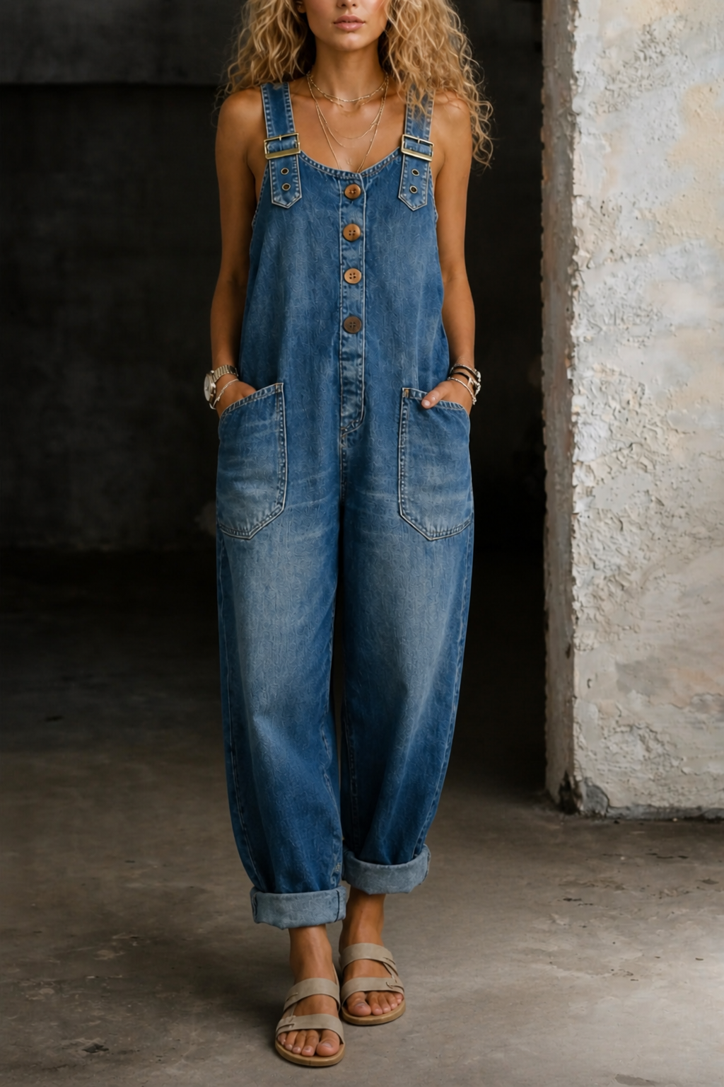 Wide-Leg Denim Dungarees with Button Front, Blue