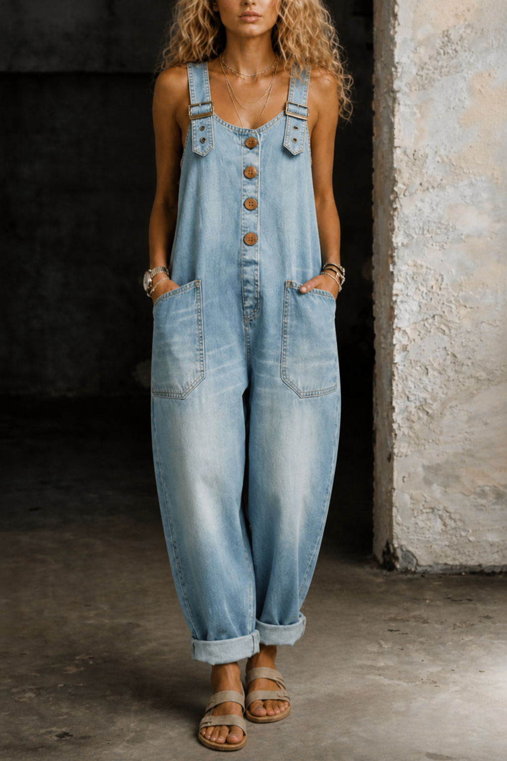 Wide-Leg Denim Dungarees with Button Front, Sky Blue