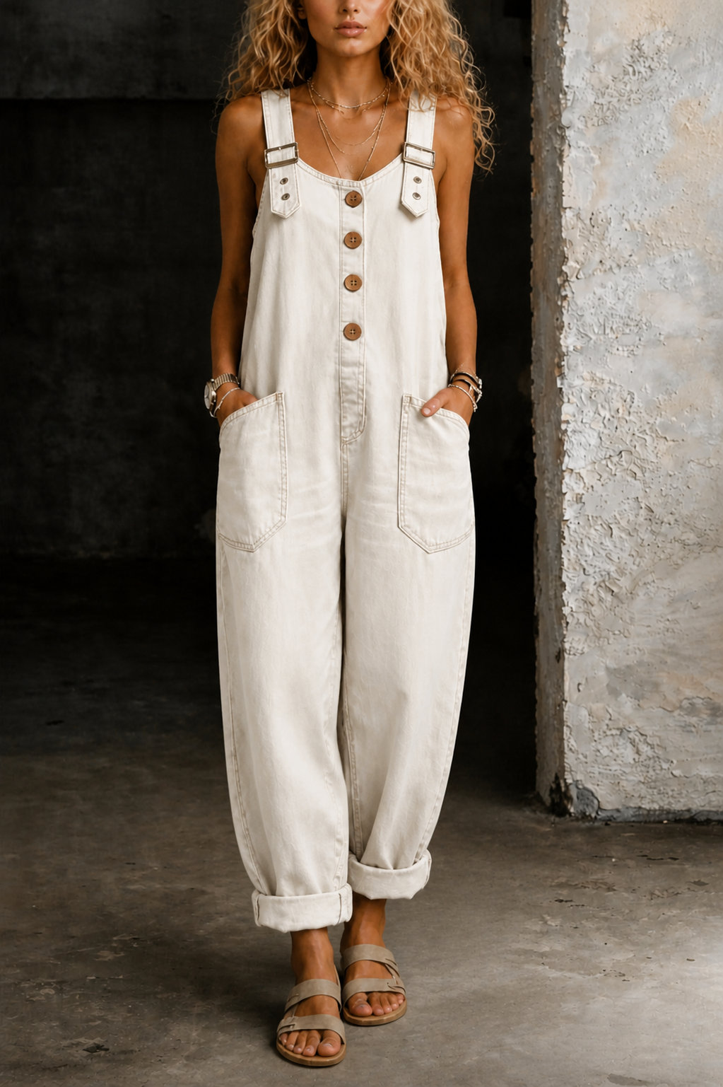 Wide-Leg Denim Dungarees with Button Front, Beige