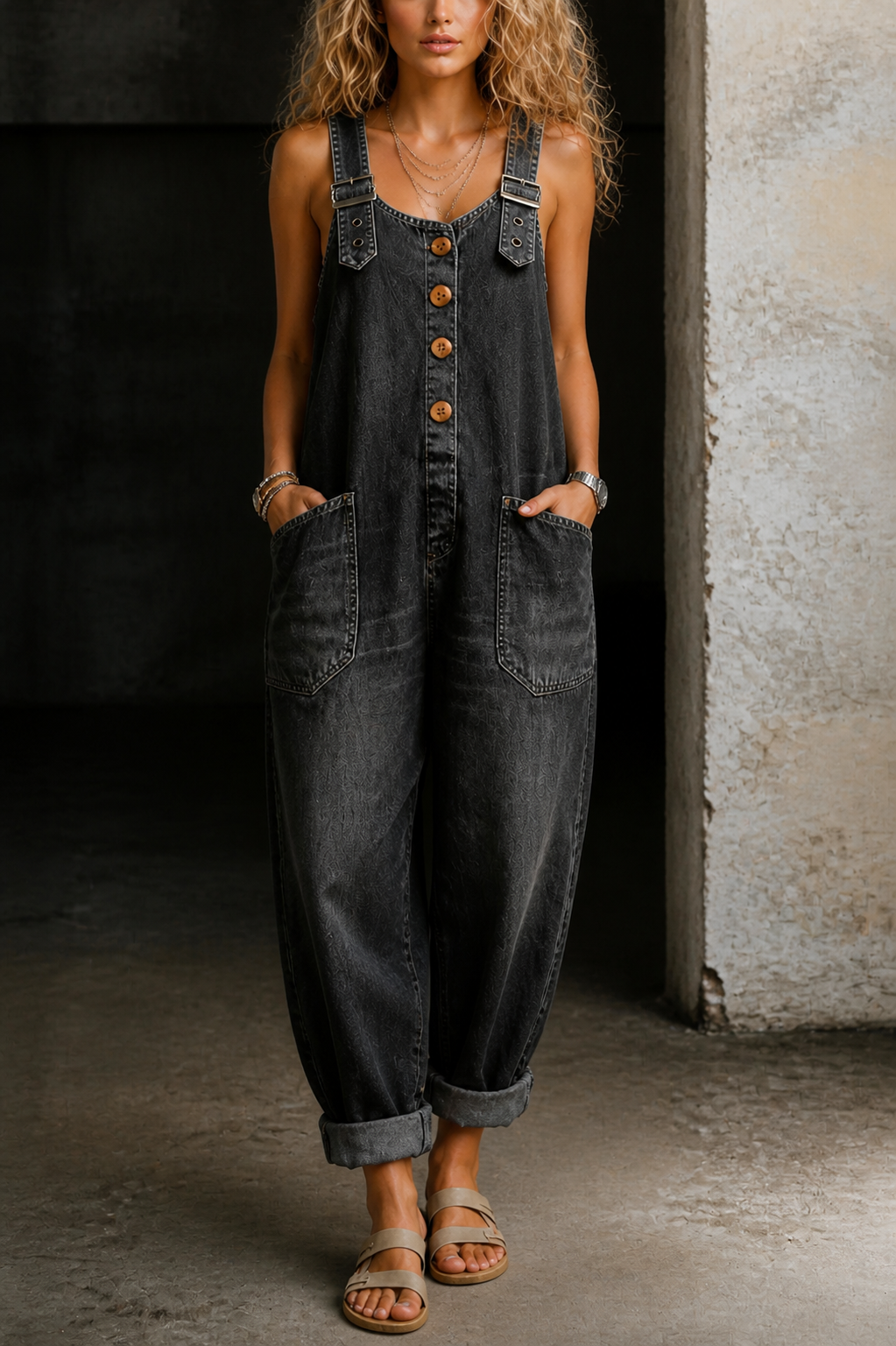 Wide-Leg Denim Dungarees with Button Front, Black