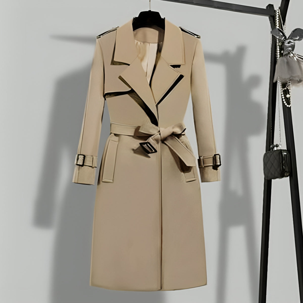 Women's Belted Trench Coat with Notched Lapel