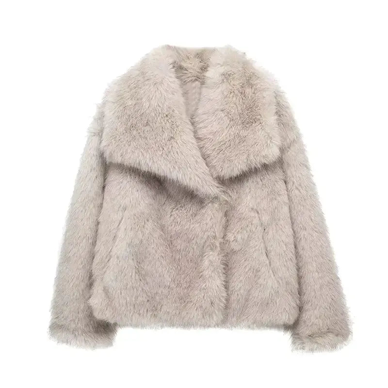 Women's Faux Fur Jacket with Collar and Long Sleeves Image