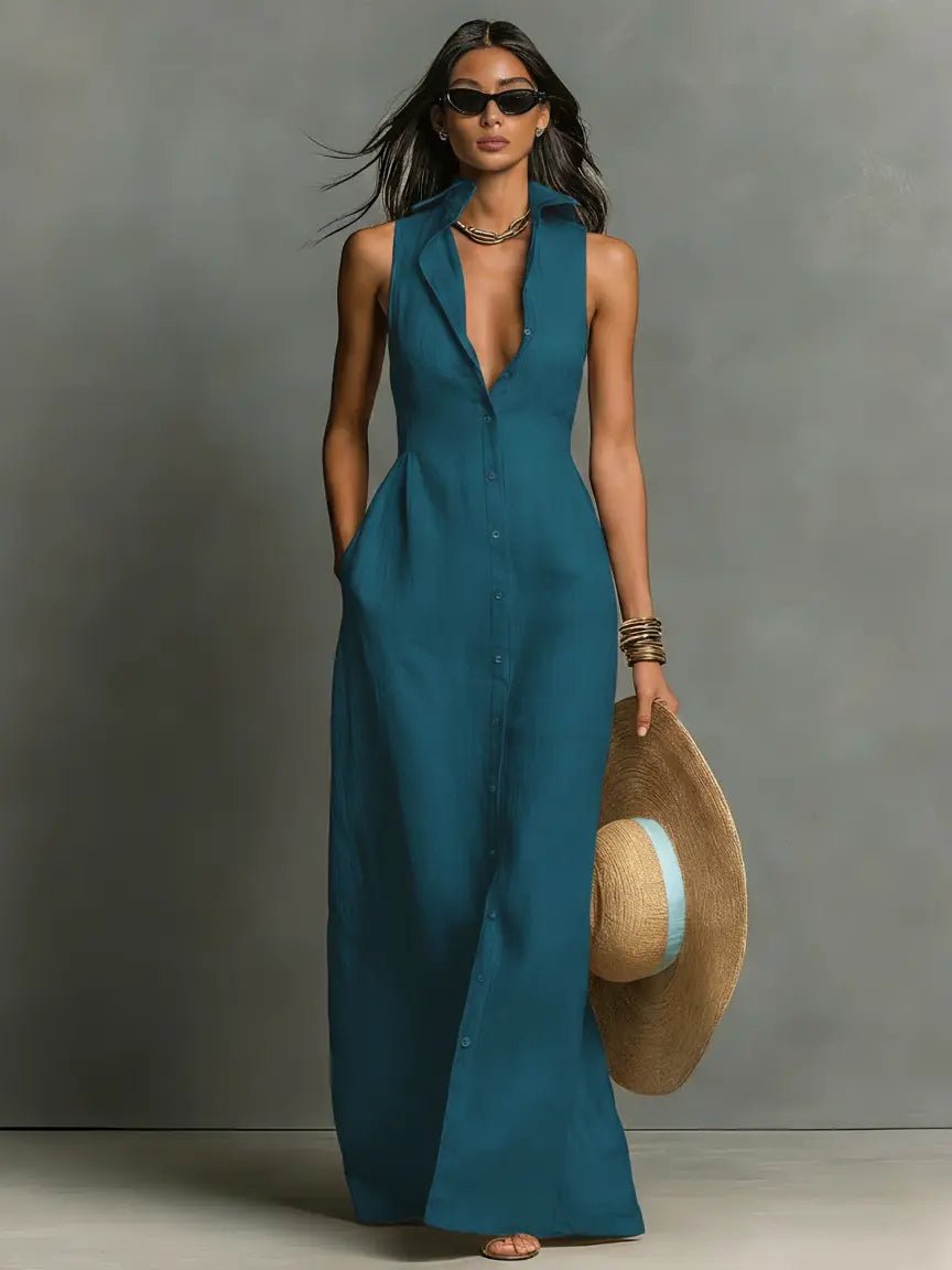 Penelope | Women's Sleeveless Collared Linen Button-Front Maxi Dress Image