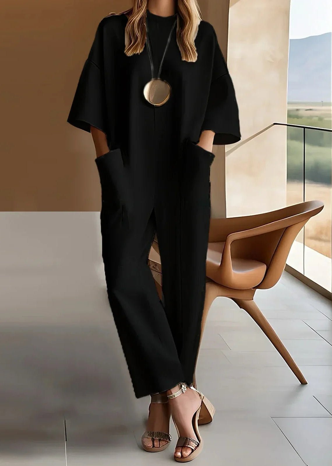 Grace | Women's Wide Leg Jumpsuit Short Sleeve Crew Neck Image