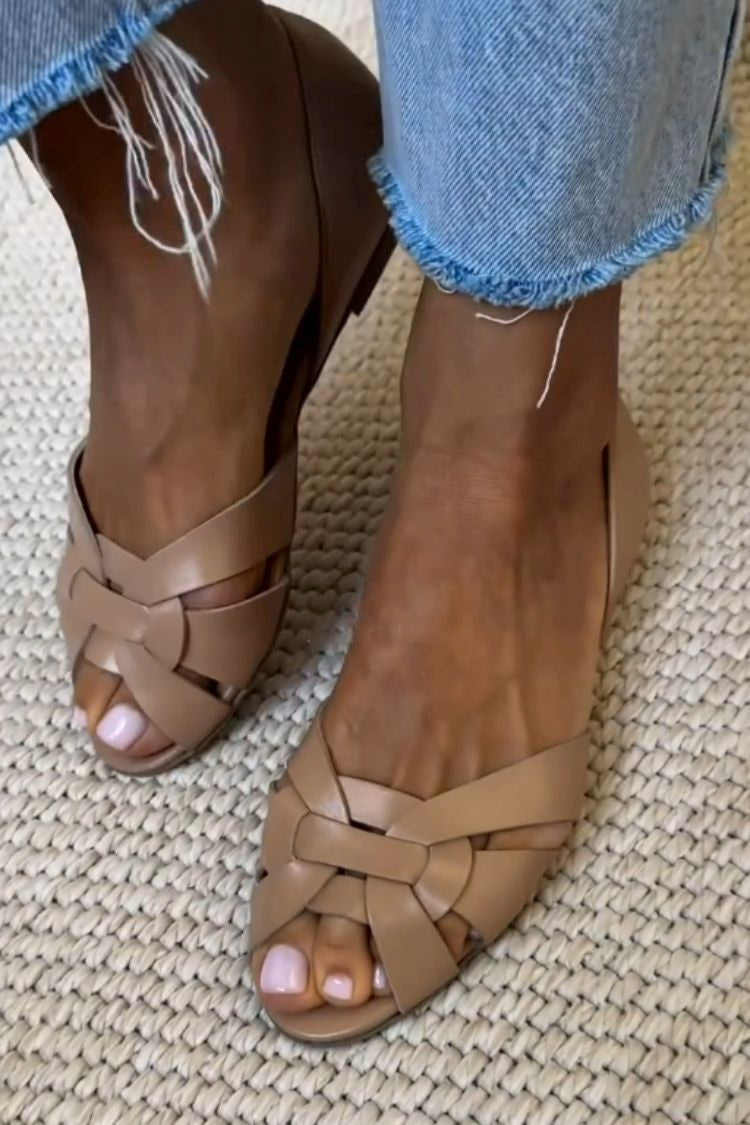 Woven Flat Sandals with Closed Heel and Peep Toe, Beige