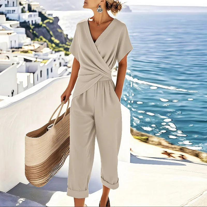 Wrap Top and Cropped Trousers Co-ord, Twist Front, Apricot Image