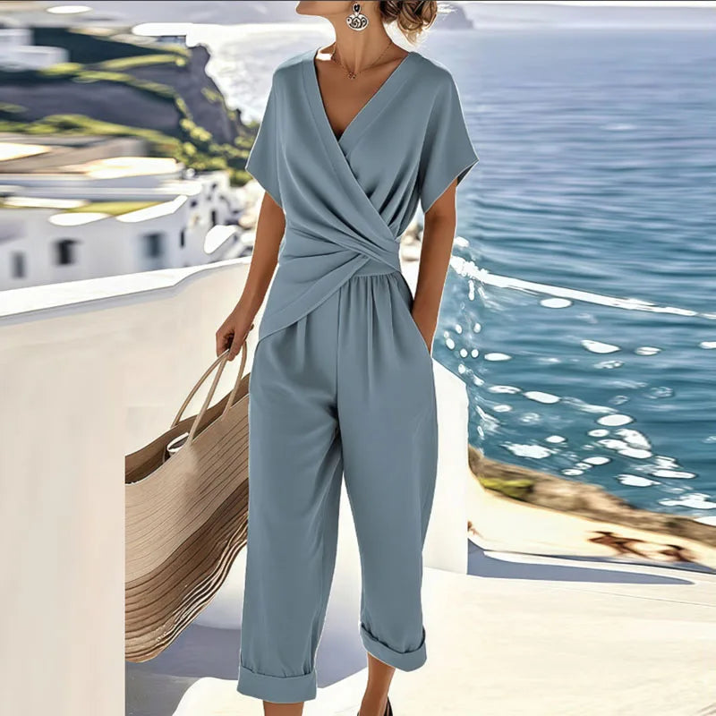 Wrap Top and Cropped Trousers Co-ord, Twist Front, Blue Image