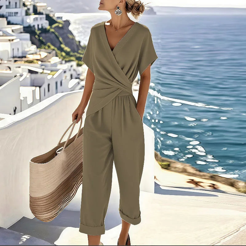 Wrap Top and Cropped Trousers Co-ord, Twist Front, Khaki