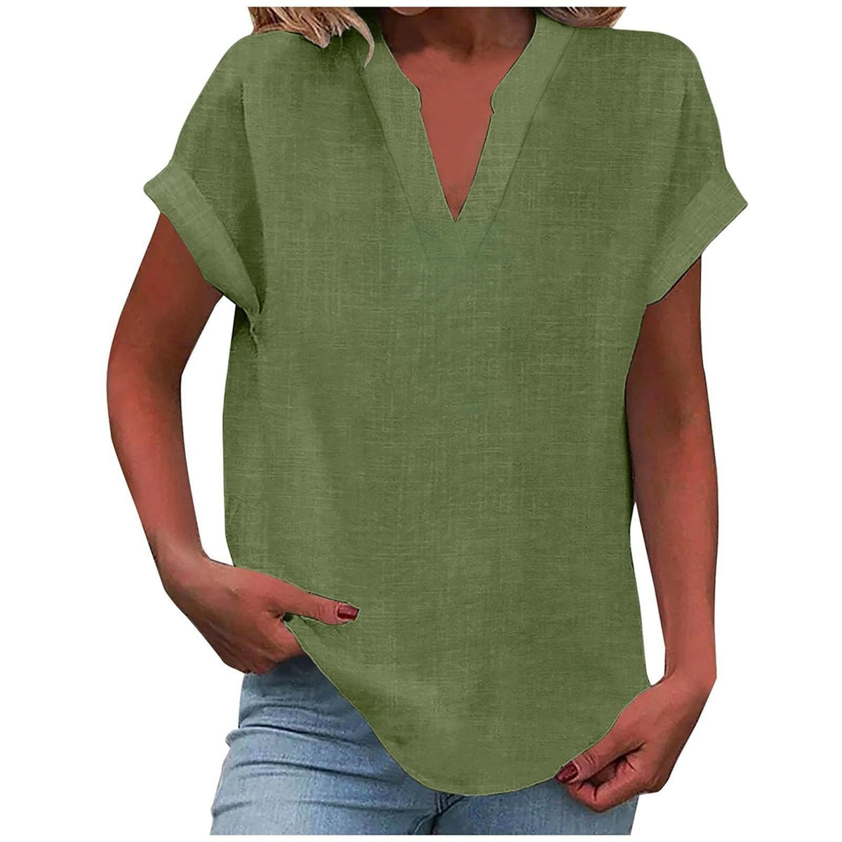 Notch V Neck Top with Rolled Short Sleeves, Army Green