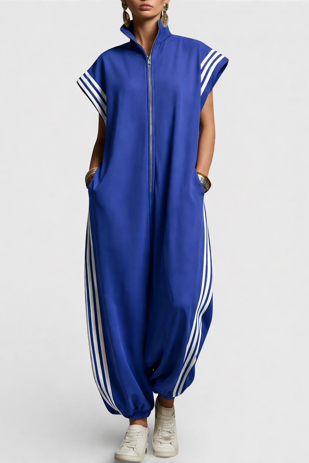 Zip Neck Jumpsuit with Contrast Side Stripes, Navy Blue