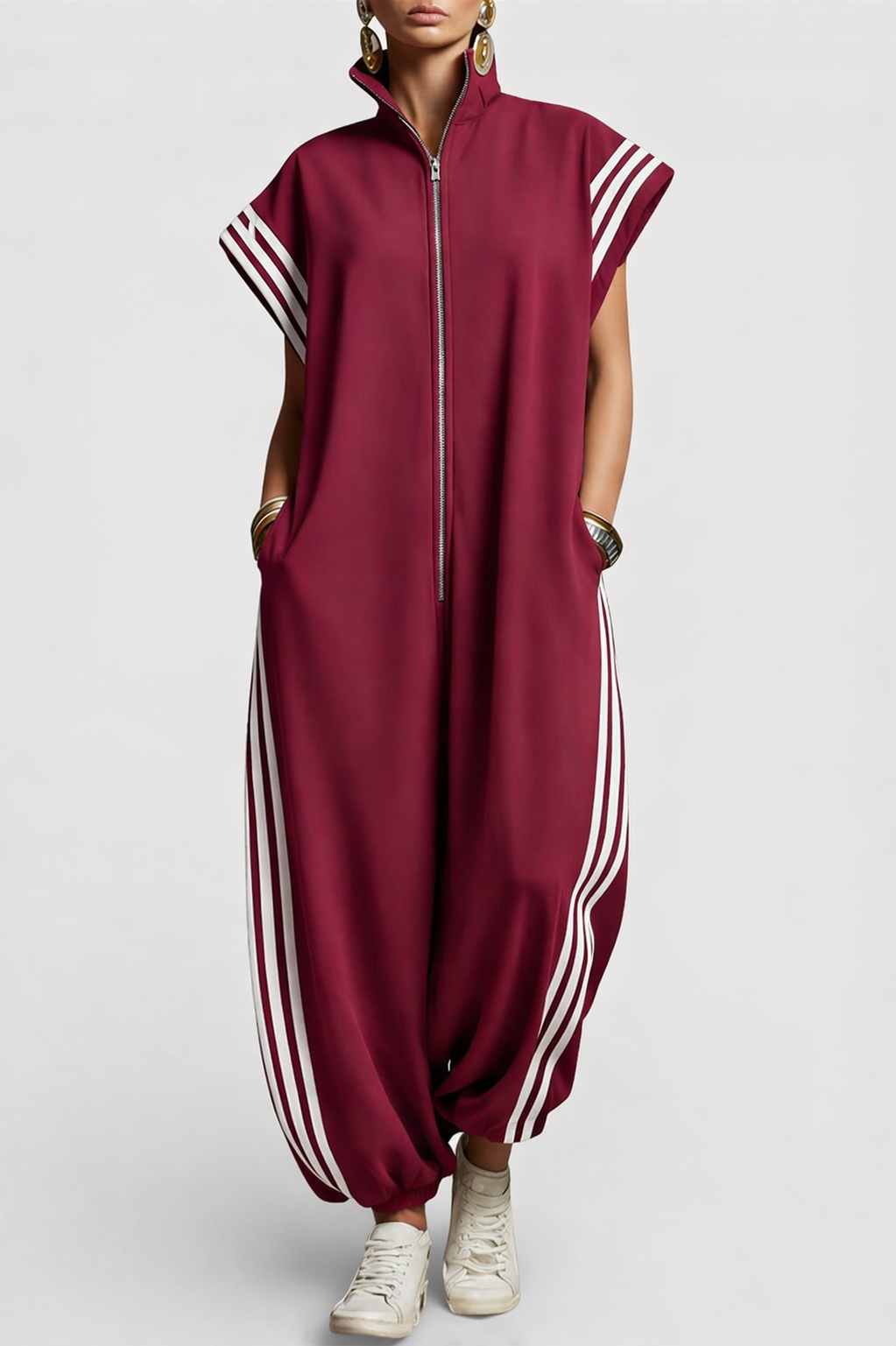 Zip Neck Jumpsuit with Contrast Side Stripes, Burgundy Image