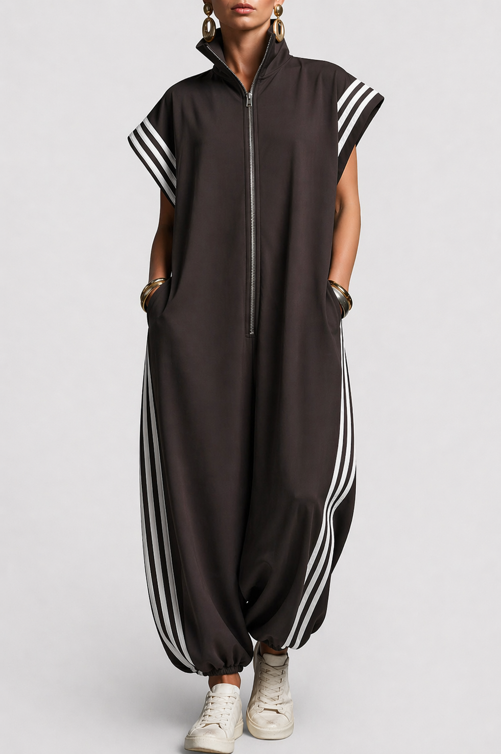 Zip Neck Jumpsuit with Contrast Side Stripes, Brown Image