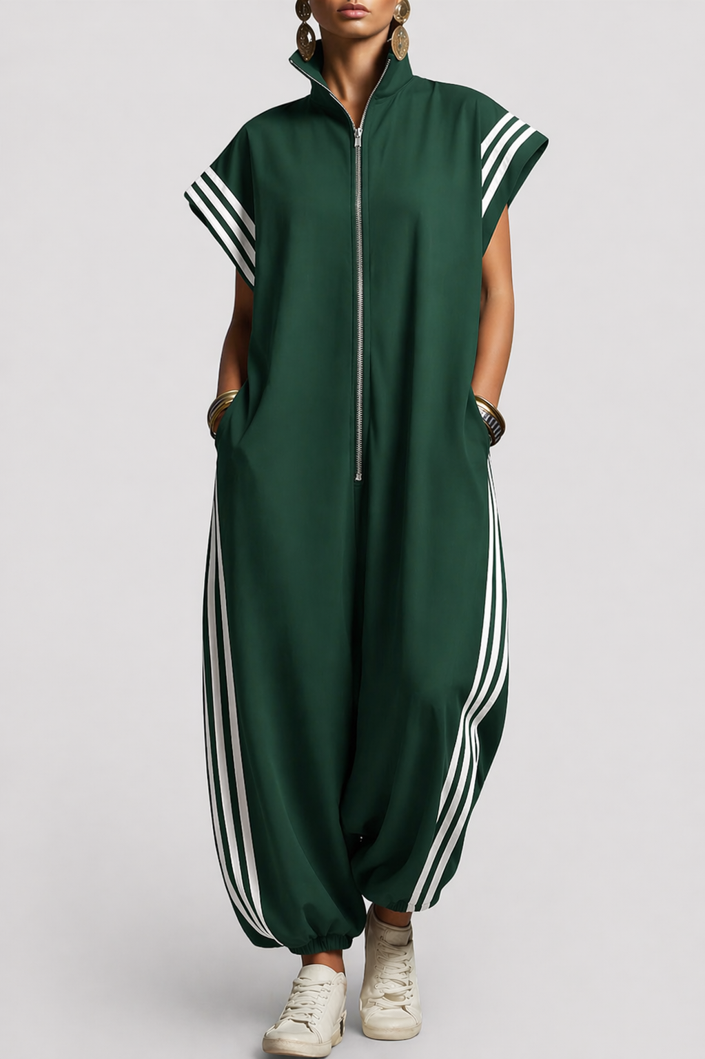 Zip Neck Jumpsuit with Contrast Side Stripes, Green