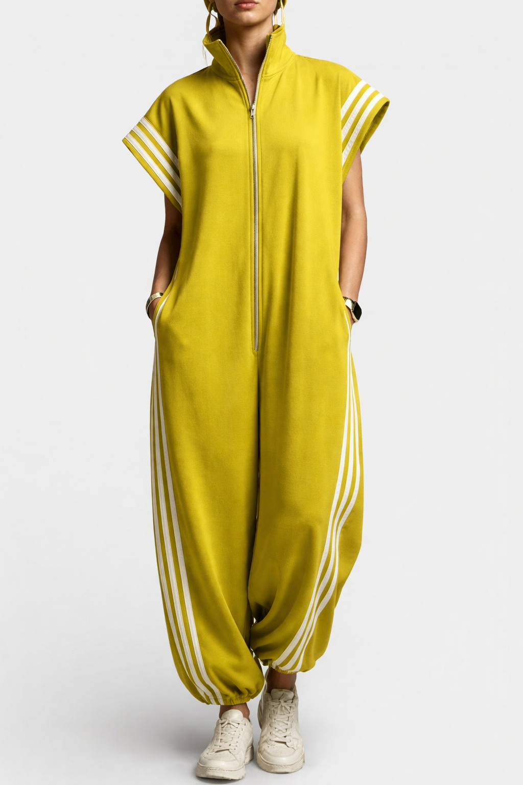 Zip Neck Jumpsuit with Contrast Side Stripes, Yellow